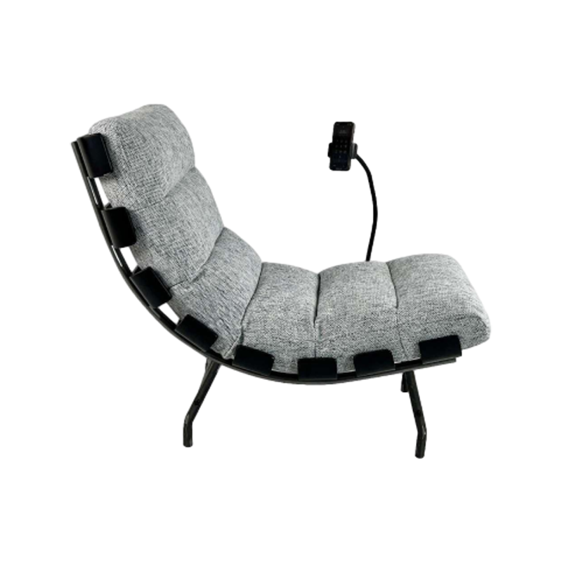Chaise de loisirs en tissu de lin avec cadre en fer noir peint par pulvérisation en bois courbé